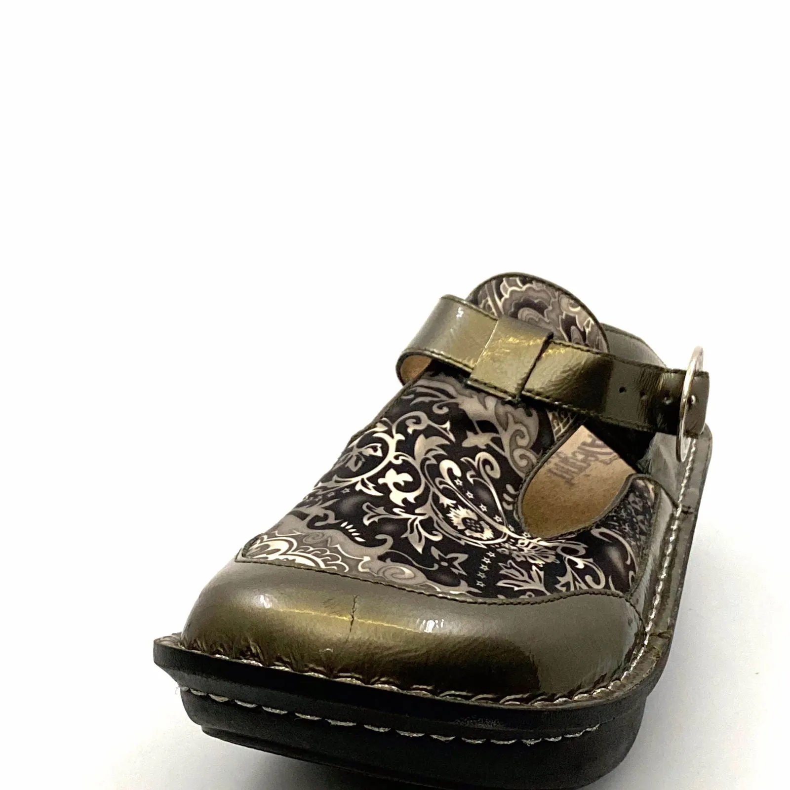 Alegria Womens Size 9 Gunmetal Gray Paisley Open-Back Clog