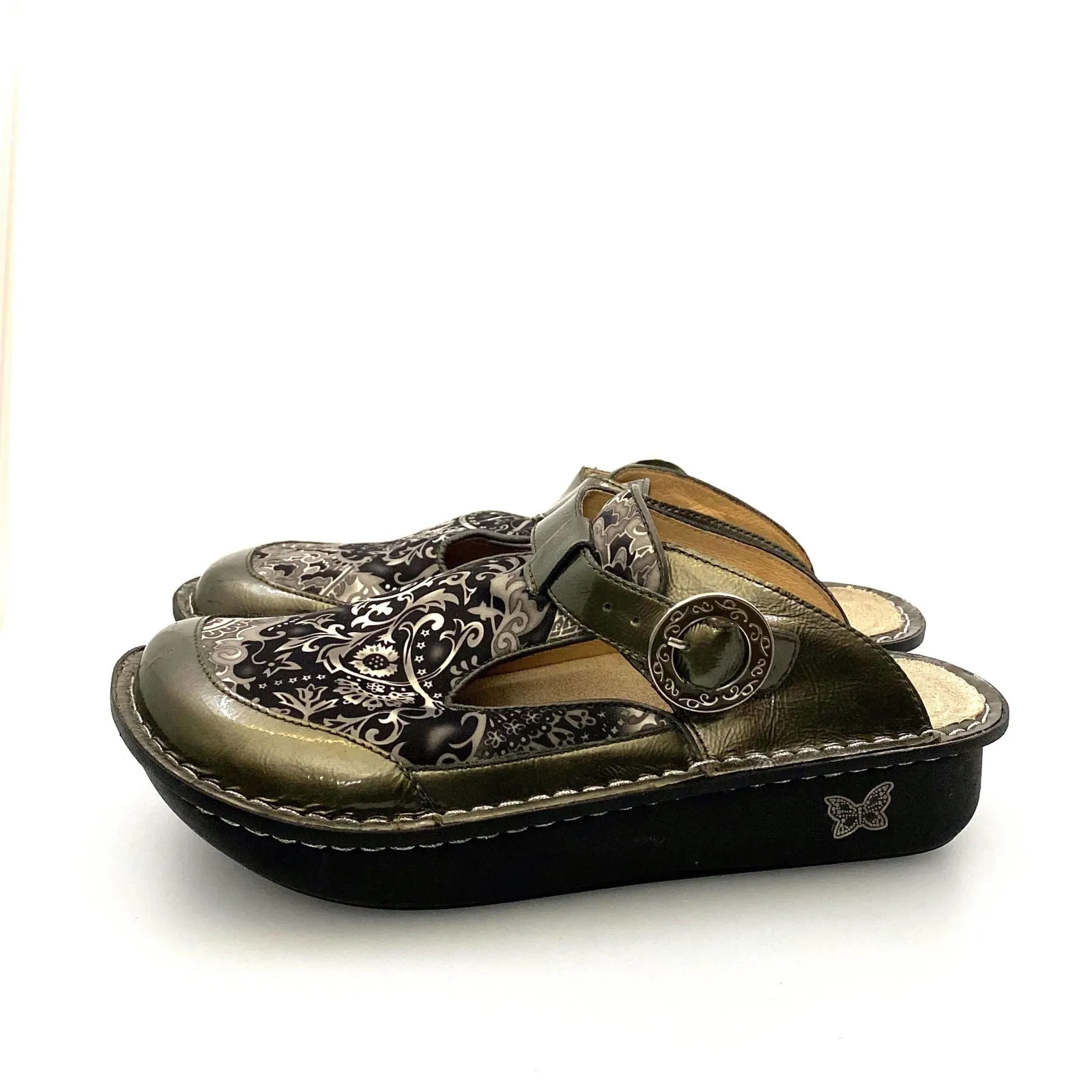 Alegria Womens Size 9 Gunmetal Gray Paisley Open-Back Clog