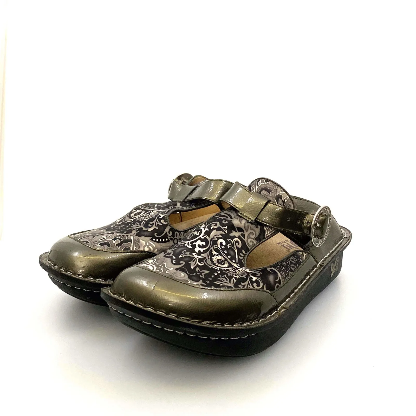 Alegria Womens Size 9 Gunmetal Gray Paisley Open-Back Clog