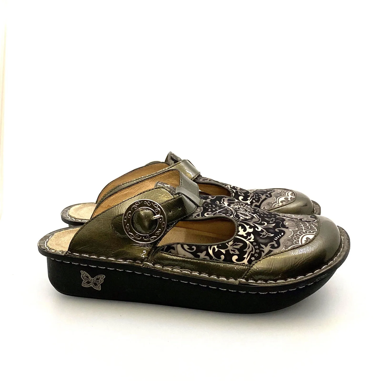 Alegria Womens Size 9 Gunmetal Gray Paisley Open-Back Clog