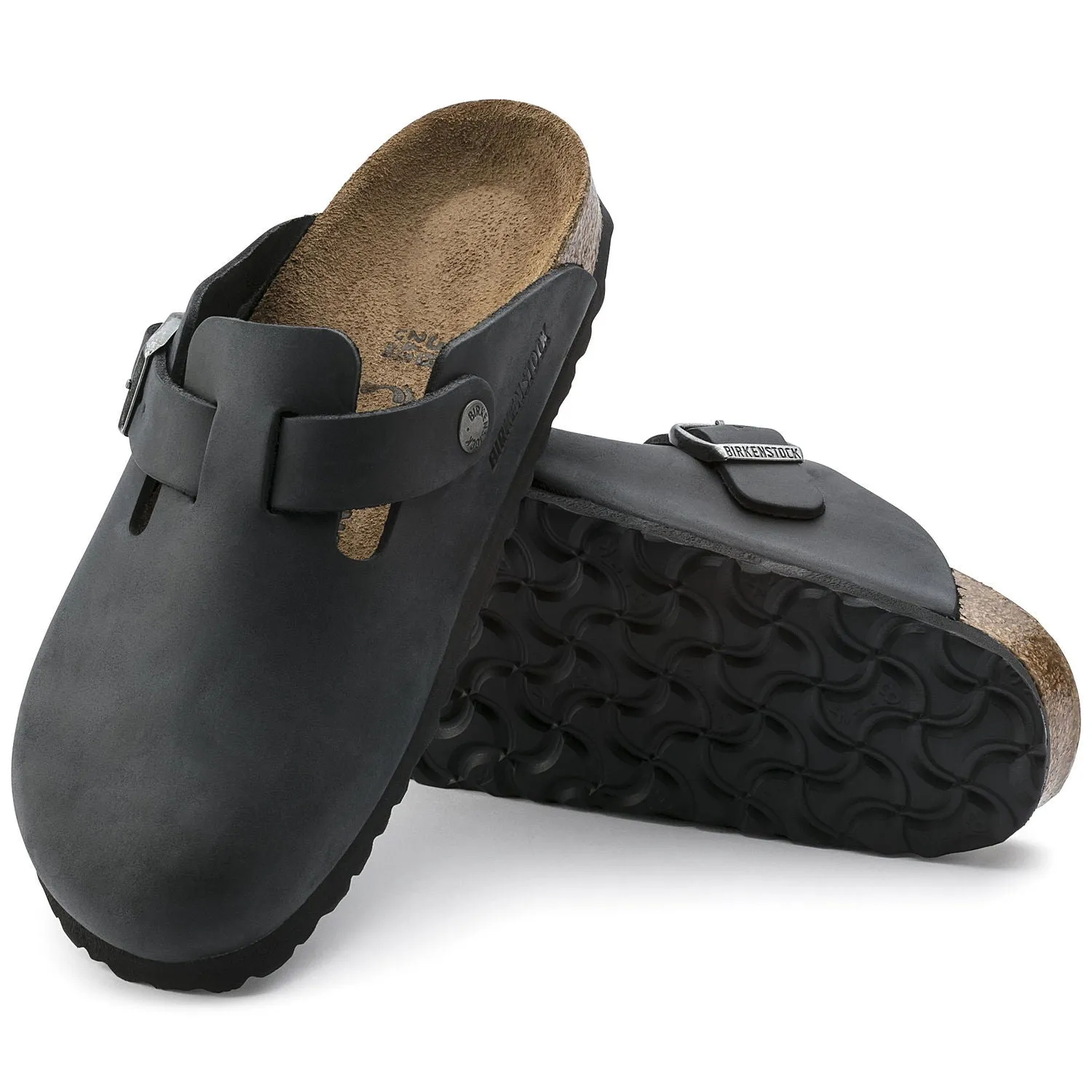 Boston Buckle Classic Footbed Mule in Black Oiled