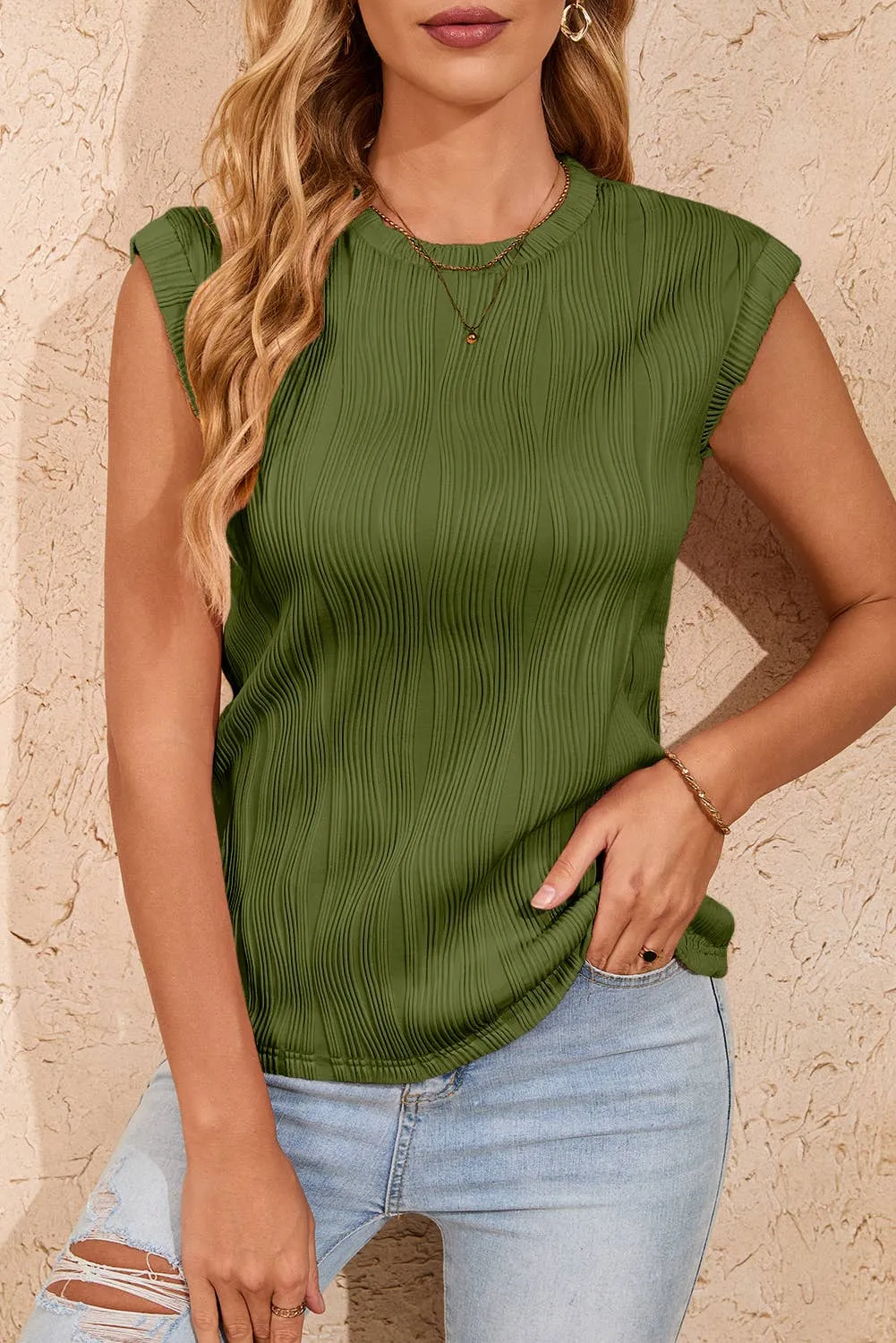 Casual Wavy Texture Cap Sleeve Top