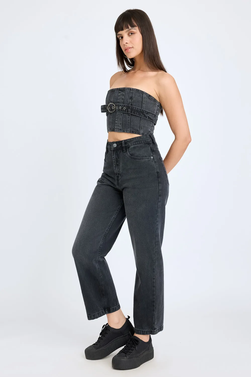 Charcoal Belted Tube Denim Top