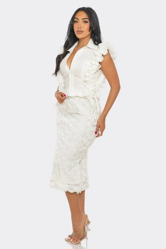 Elegant Rosette Embellished White Skirt Set