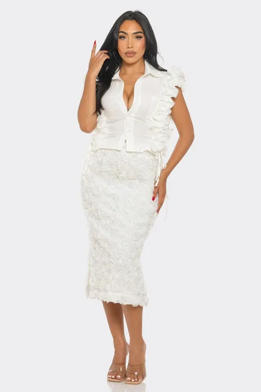 Elegant Rosette Embellished White Skirt Set