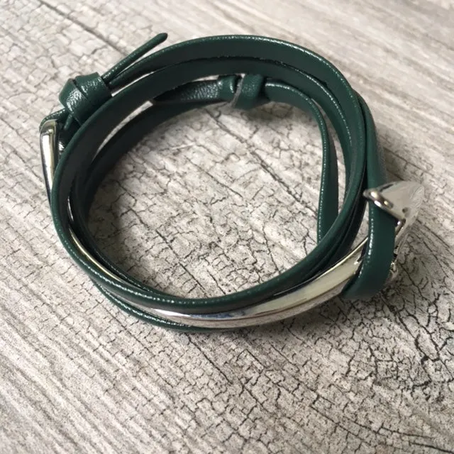 GREEN GENUINE LEATHER ANCHOR CUFF BRACELET - SILVER