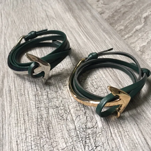 GREEN GENUINE LEATHER ANCHOR CUFF BRACELET - SILVER