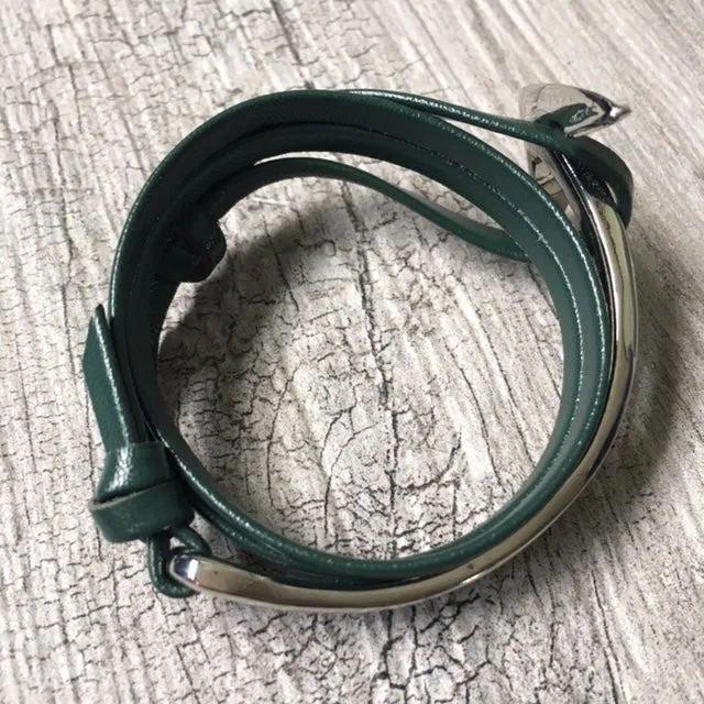 GREEN GENUINE LEATHER ANCHOR CUFF BRACELET - SILVER