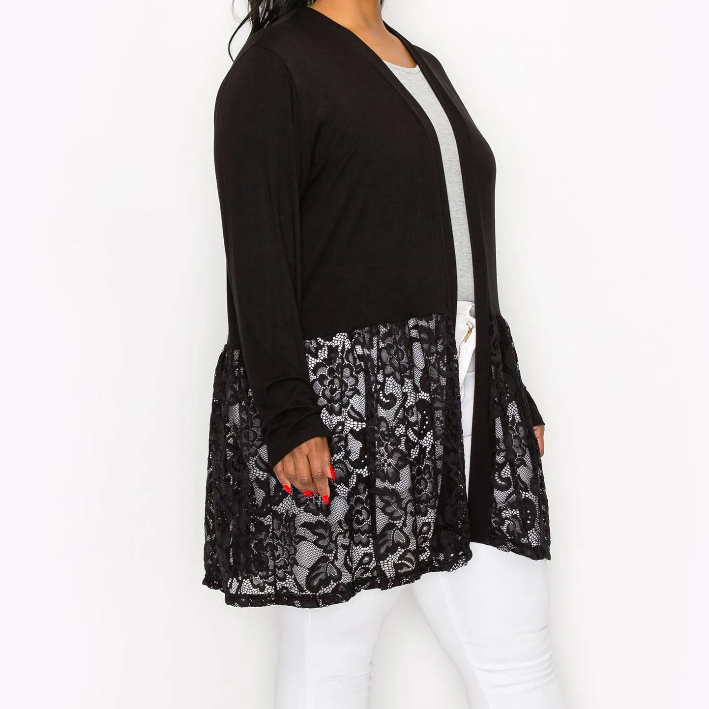 RAYON SPAN LACE PEPLUM CARDIGAN CURVE