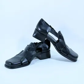 SOLD 90s Black Leather Fisherman Shoes, Square Toes  8M