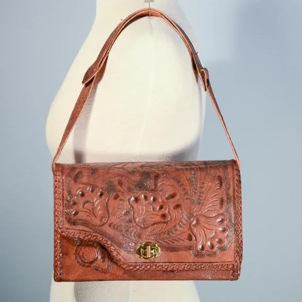 SOLD Vintage Tooled Leather Reversible Shoulder Bag, Brown   Tan 2 in One Boho Purse