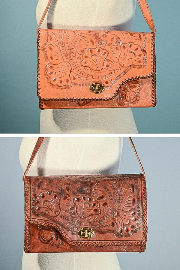 SOLD Vintage Tooled Leather Reversible Shoulder Bag, Brown   Tan 2 in One Boho Purse