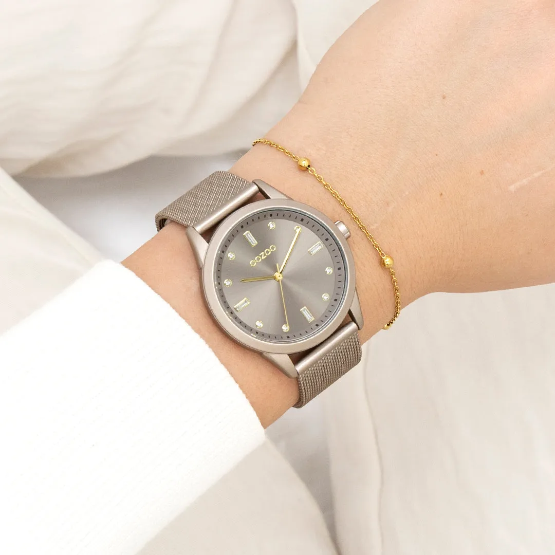 Taupe OOZOO watch with taupe metal mesh bracelet - C11358