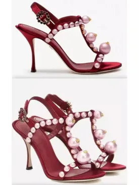 Women’s Bejeweled Satin Sandals With Pearl Embroidery In Red