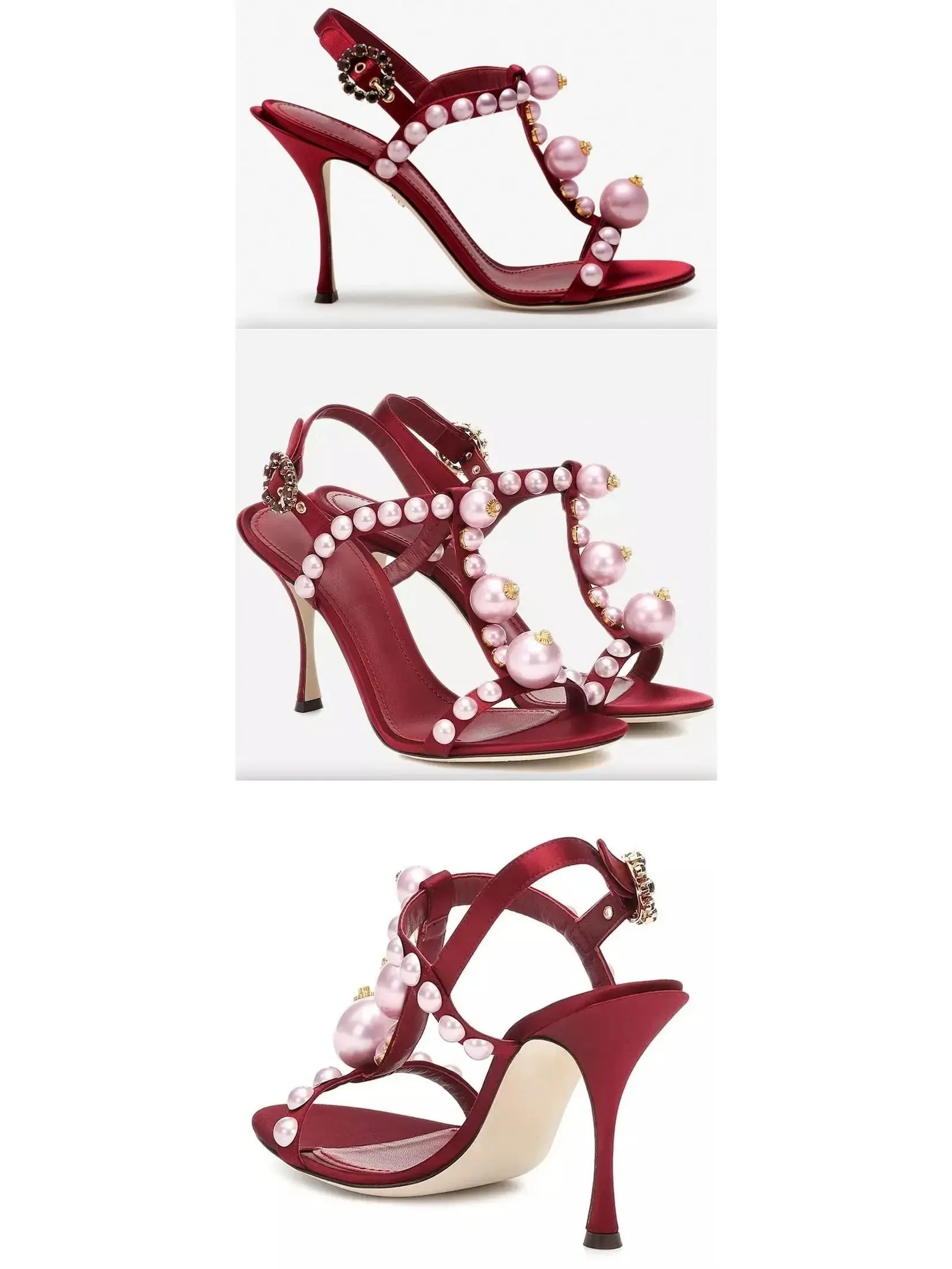 Women’s Bejeweled Satin Sandals With Pearl Embroidery In Red