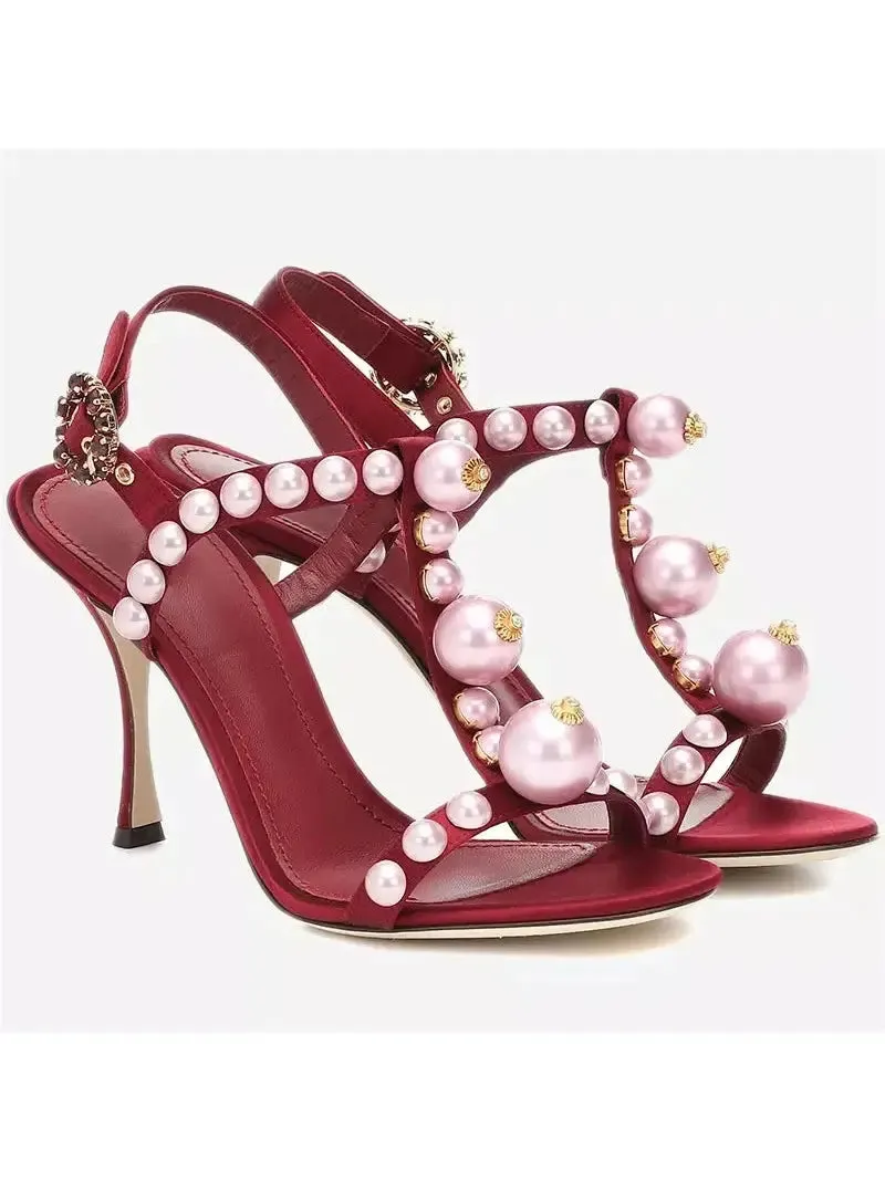 Women’s Bejeweled Satin Sandals With Pearl Embroidery In Red